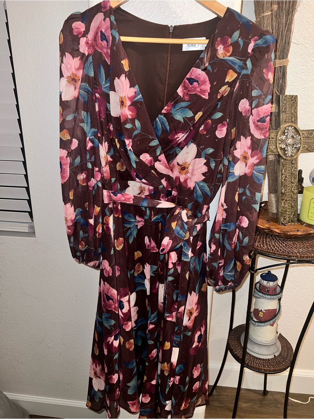 Eliza J Brown Floral Wrap Midi Dress with Pink & Blue Blooms - Picture 6 of 13